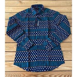 NWT Devils Advocate Button Up Shirt Medium Spots & Stripes Navy Green MSRP $55